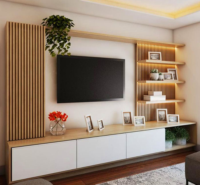 Thi công  vách tivi phòng khách hiện đại, tủ tivi gỗ công nghiệp giá rẻ